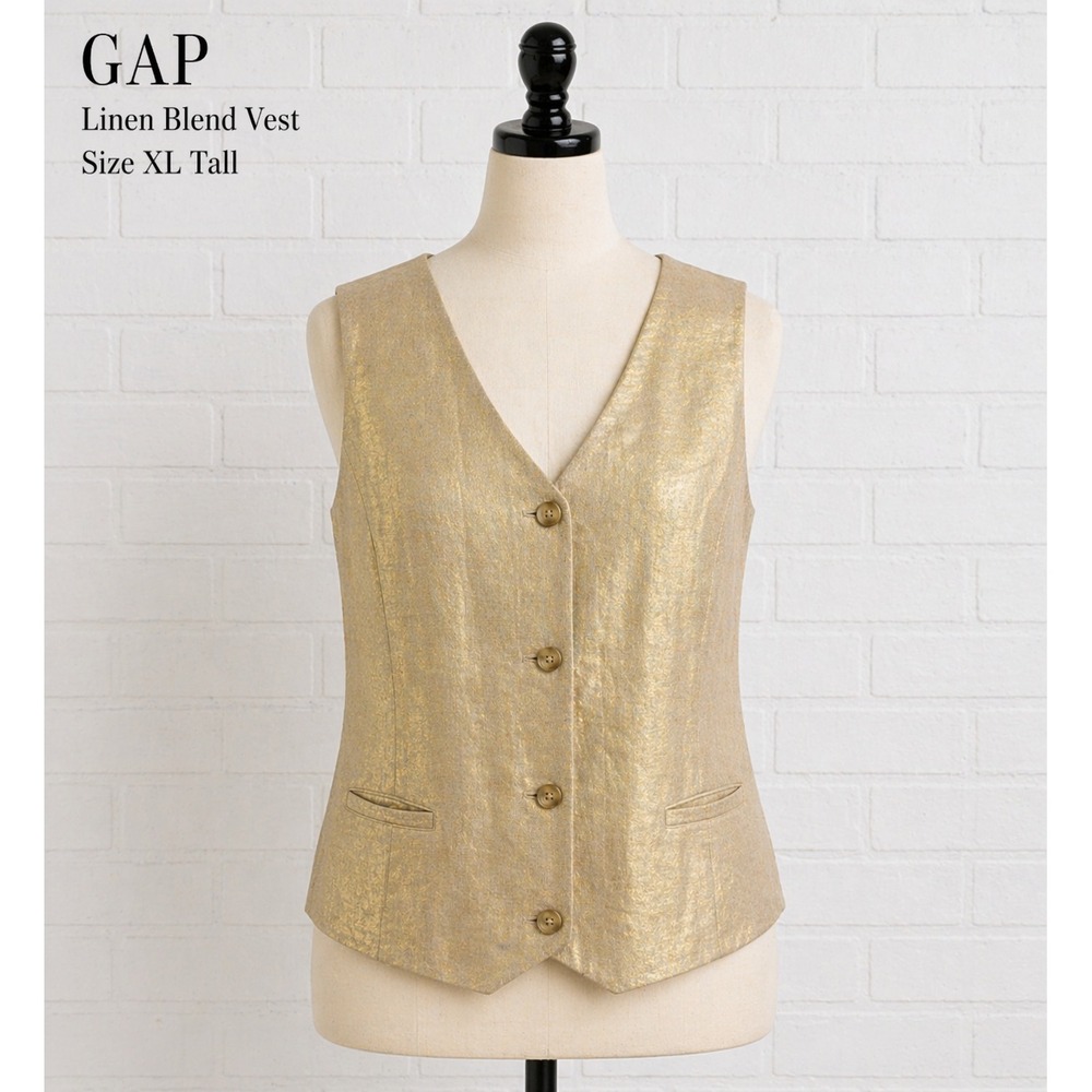 GAP Linen Blend Vest Womens XL Tall Metallic Gold Button Front Sleeveless Top